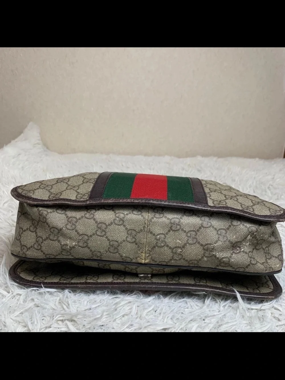 Gucci Brown Monogram Messenger Bag with Red & Green Center Stripe